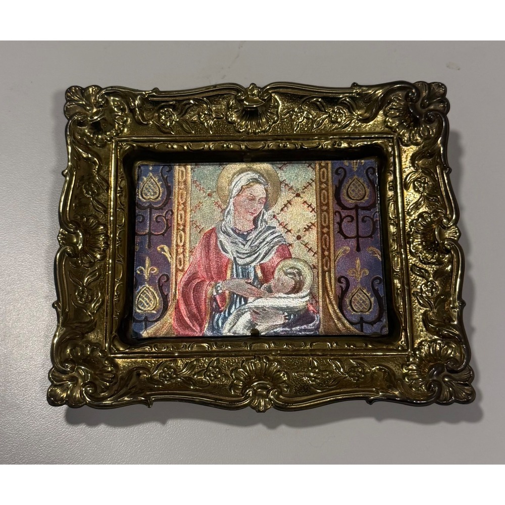 Vintage Made in England Solid Brass Ornate Frame Virgin Mary Child Jesus Icon